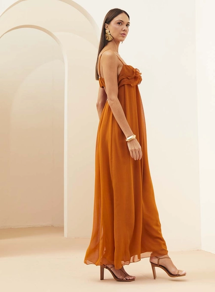 Vestido Longo Fluido Com Babados No Busto