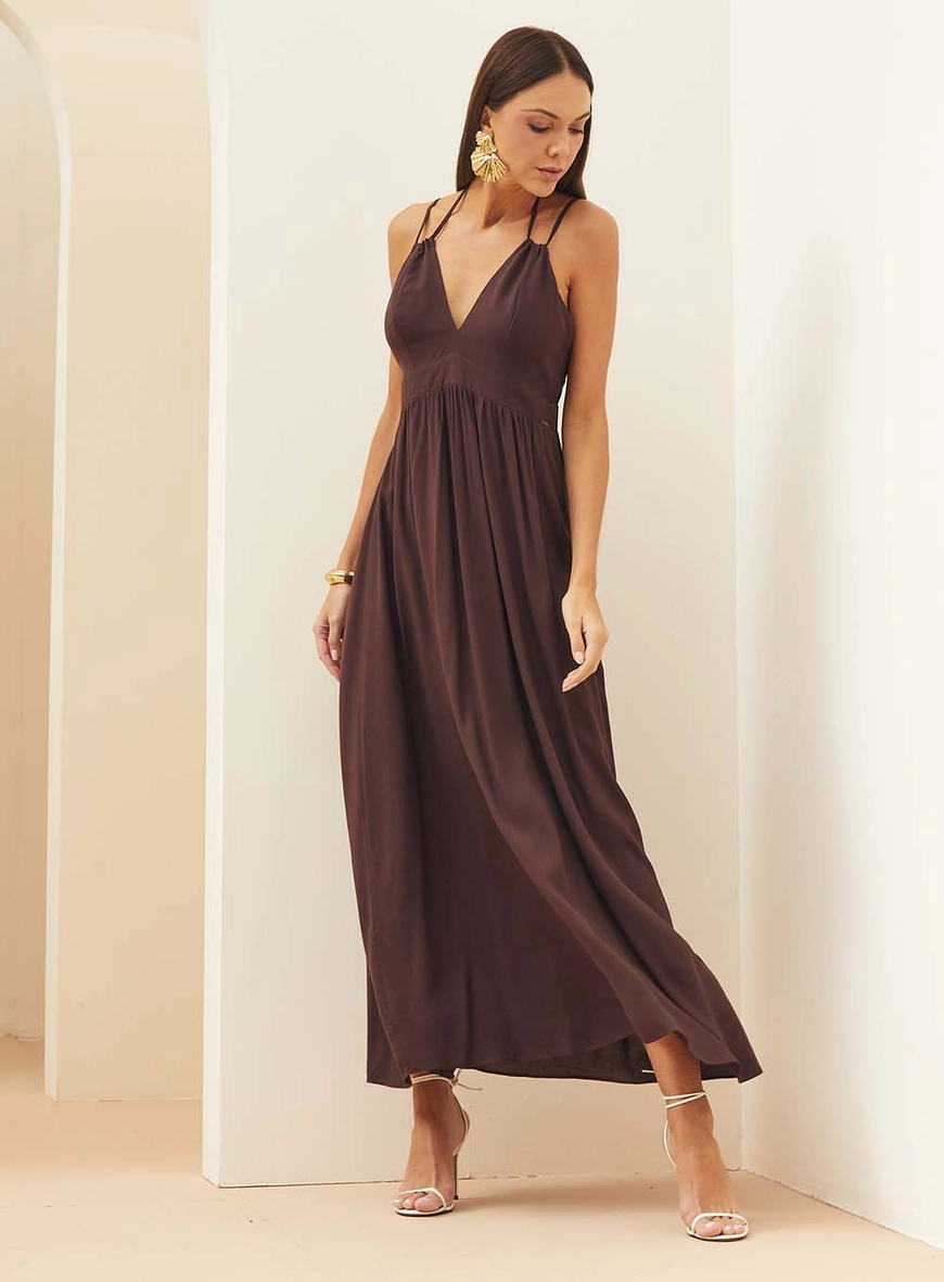 Vestido Longo Acinturado Com Amarração Marrom