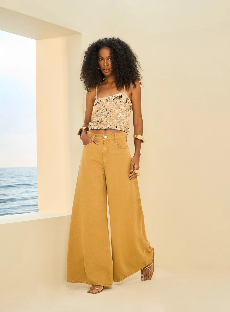 Calça Feminina Pantalona De Sarja Thassia Marrom 1