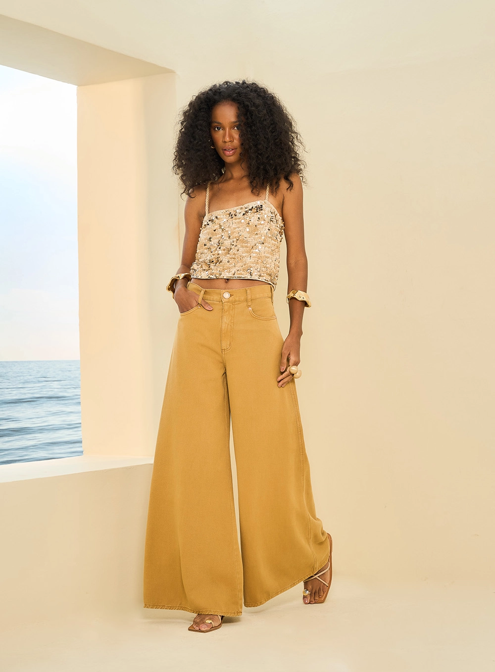 Calça Feminina Pantalona De Sarja Thassia Marrom 1
