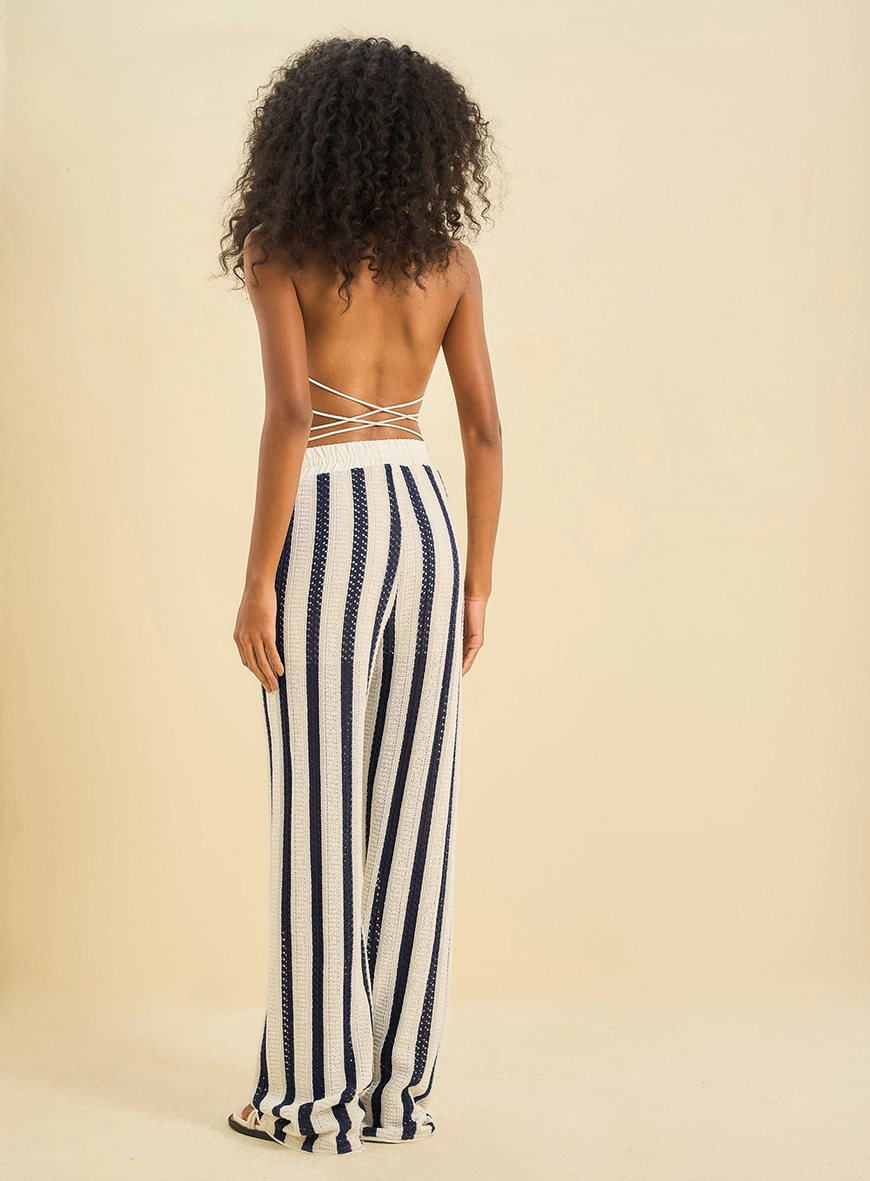 Calça Feminina Pantalona De Tricô Listrada Estampa 2