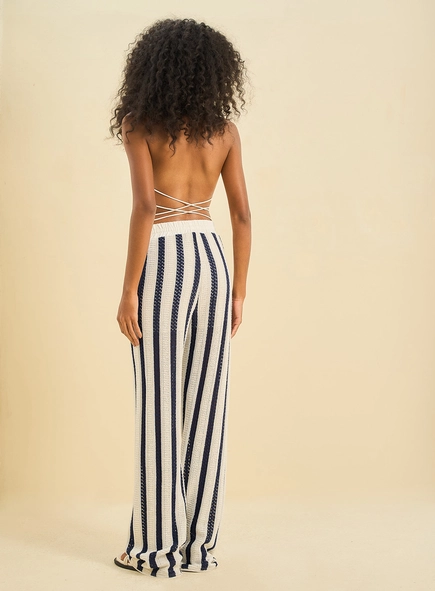 Calça Feminina Pantalona De Tricô Listrada