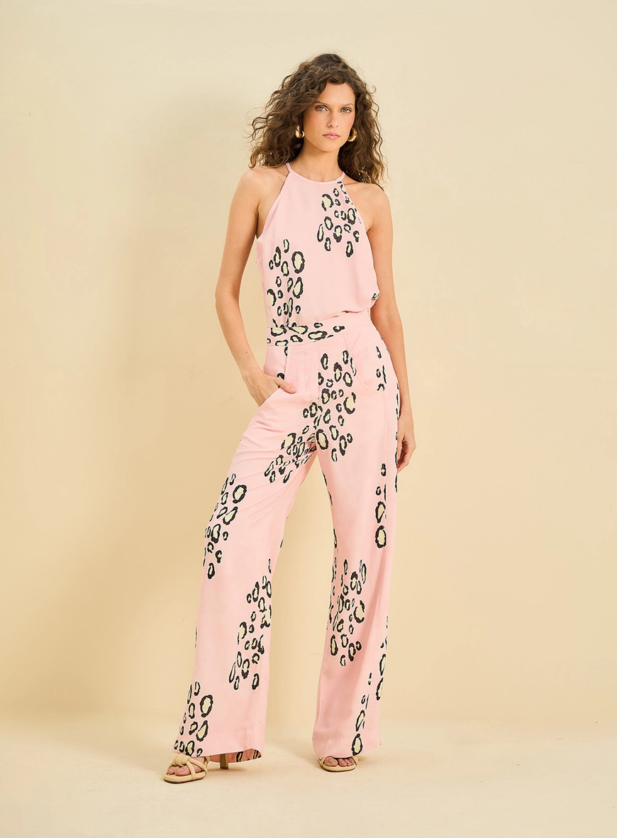 Calça Feminina Reta Estampada Rosa 1