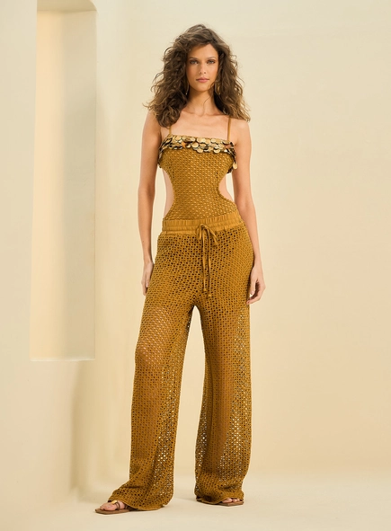 Calça Feminina Reta De Tricô Com Amarração