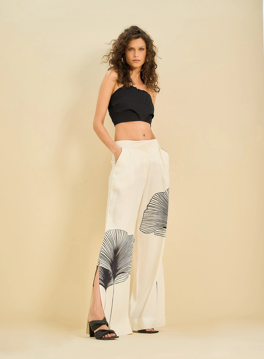 Calça Feminina Pantalona Estampada Com Fenda Off 1