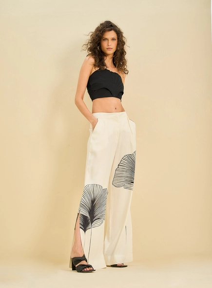 Calça Feminina Pantalona Estampada Com Fenda