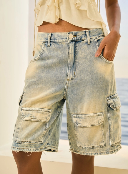 Bermuda Jeans Feminina Cargo Destroyed