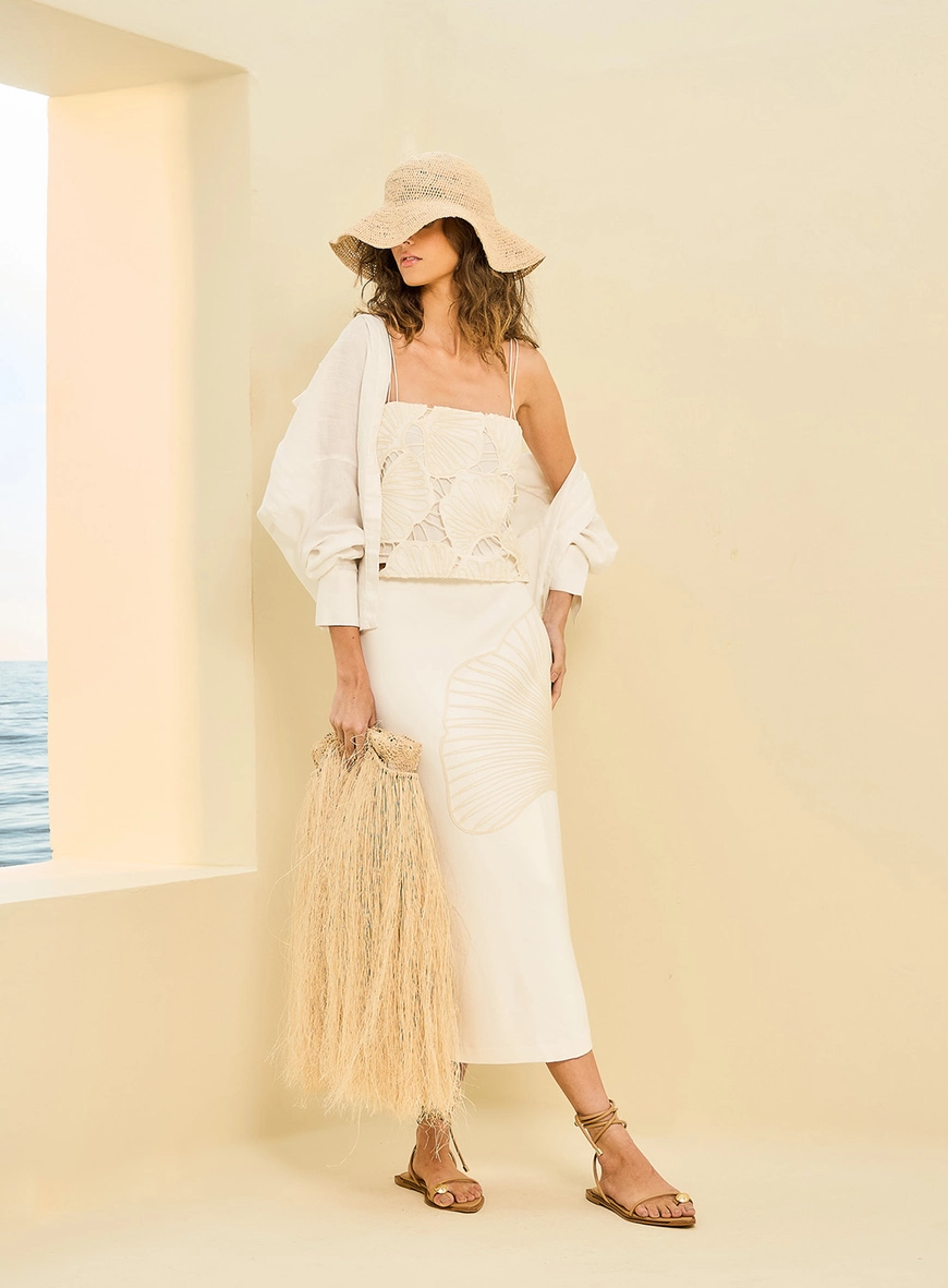 Saia Feminina Midi Bordado Concha Off Shell 4
