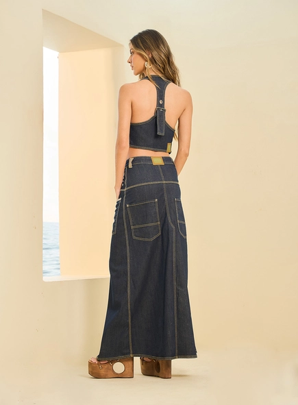 Saia Jeans Feminina Longa Com Fenda