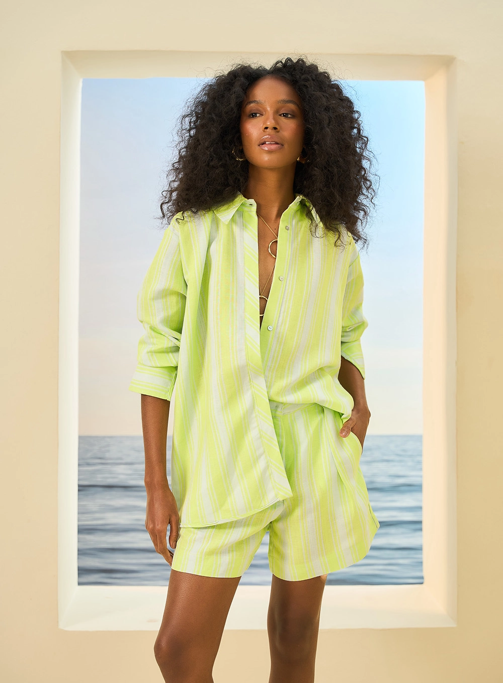 Camisa Feminina Linho Listrada Estampa 4