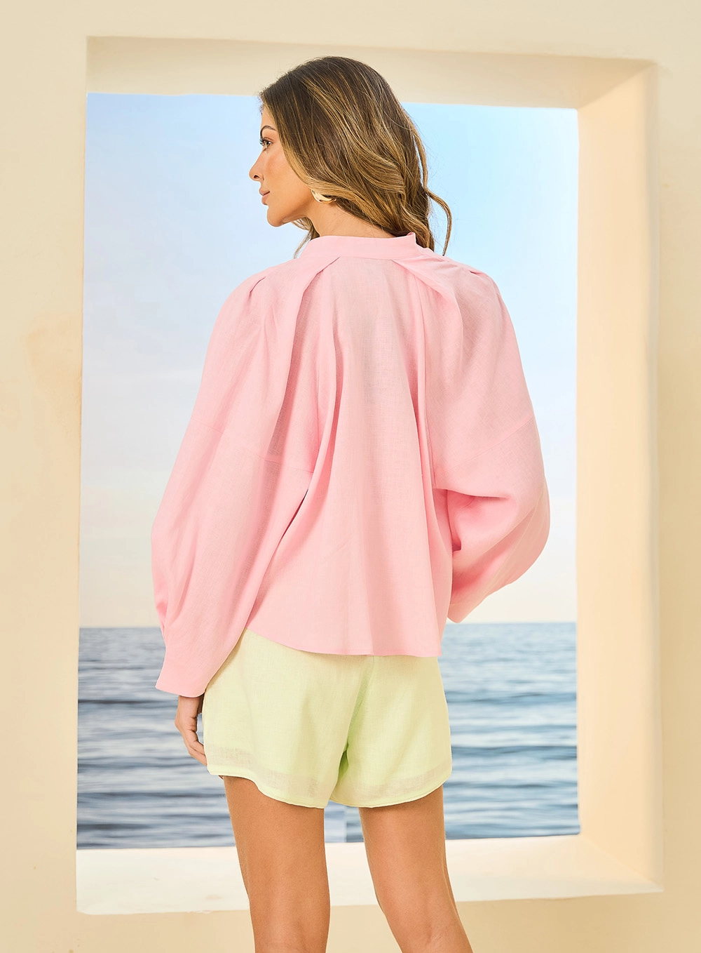 Camisa Feminina Linho Bordada Rosa 2