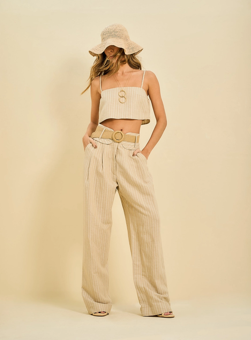Blusa Feminina Linho Listrada Bege 2