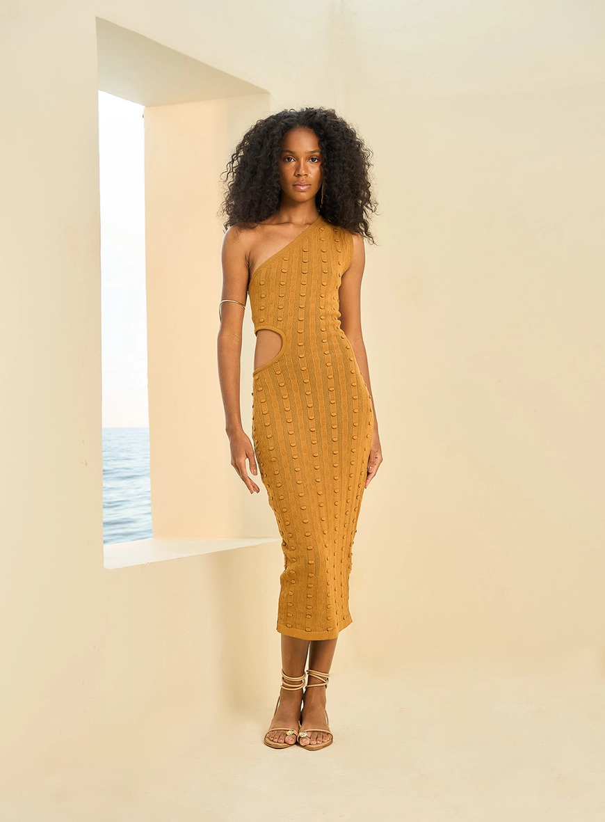 Vestido Midi Em Tricô De Um Ombro Só Com Recorte Marrom 1