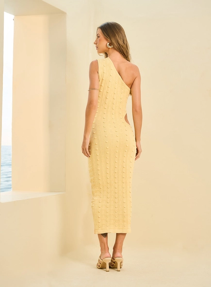 Vestido Midi Em Tricô De Um Ombro Só Com Recorte