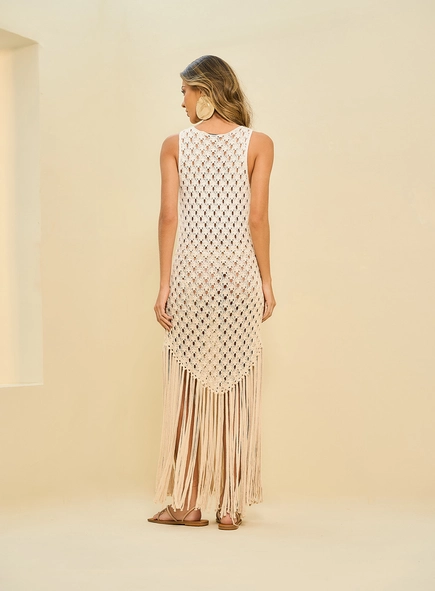 Vestido Longo Em Crochê Com Franjas