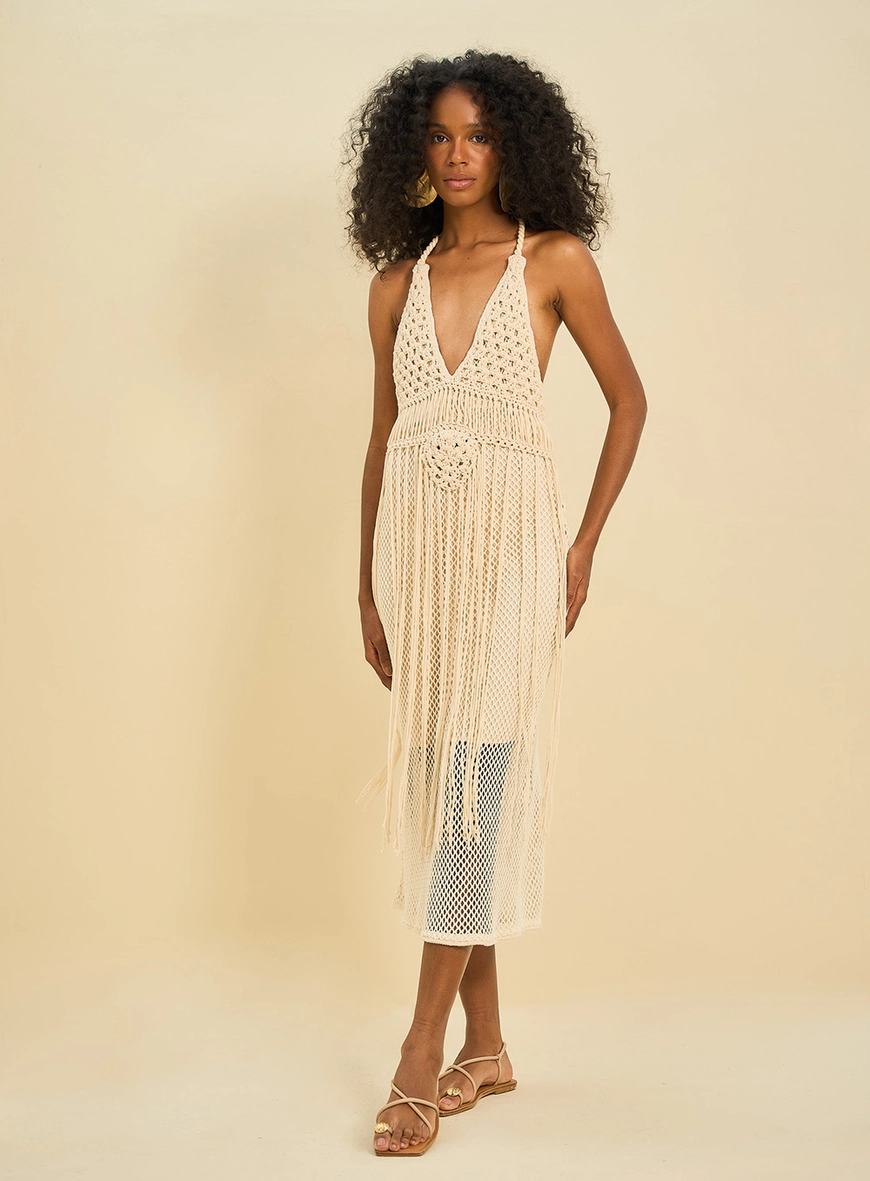 Vestido Midi Em Crochê E Macramê Com Franjas Bege 1