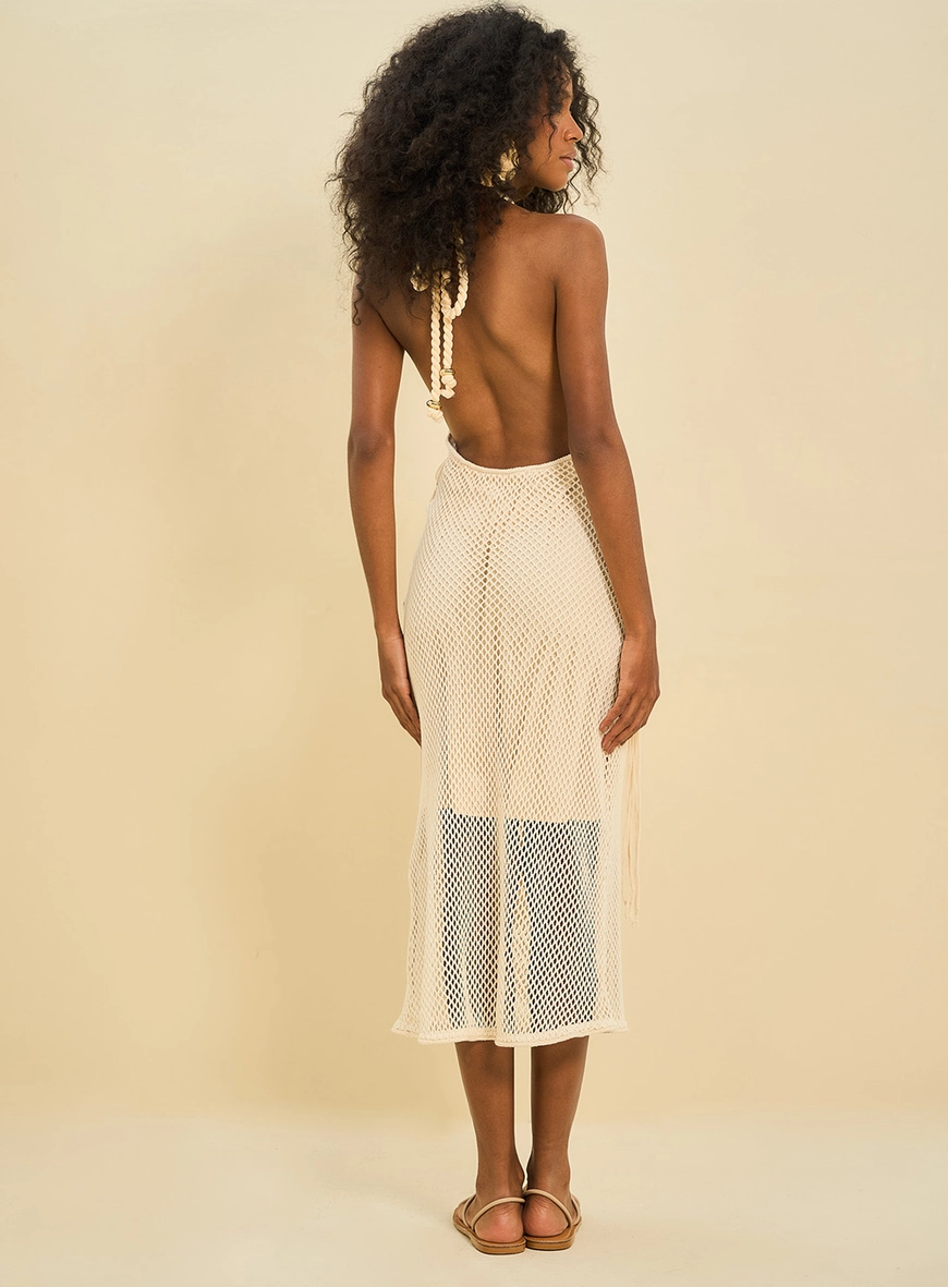 Vestido Midi Em Crochê E Macramê Com Franjas Bege 2