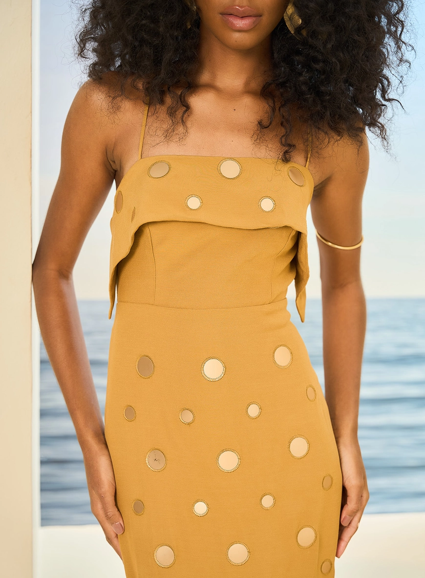 Vestido Midi De Alças Com Aplicações Marrom 3