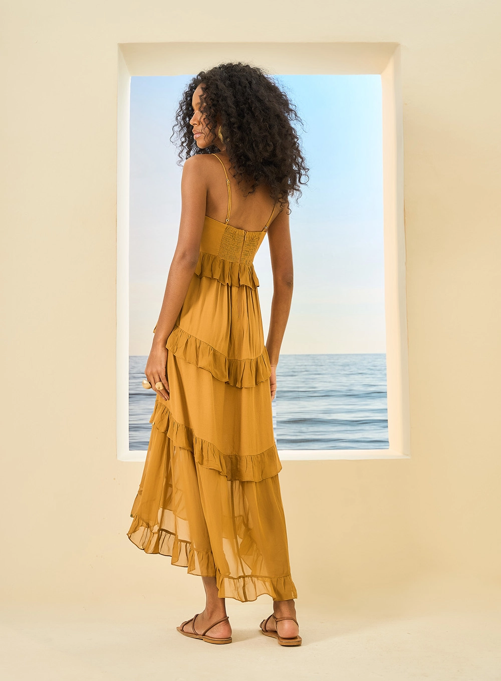 Vestido Midi Em Camadas Com Amarração Marrom 2