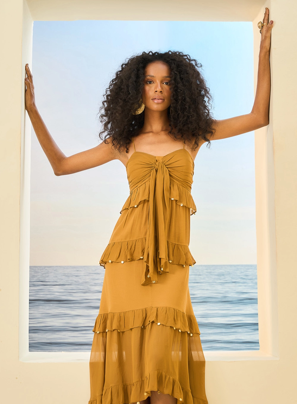 Vestido Midi Em Camadas Com Amarração Marrom 3