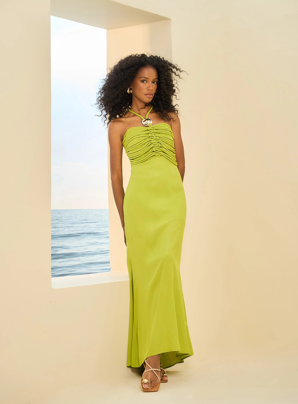 Vestido Longo Frente Única Com Busto Drapeado Verde 1