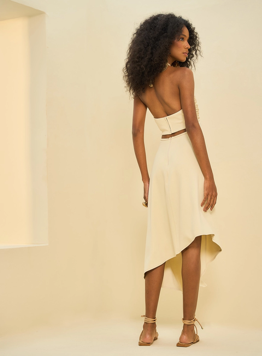 Vestido Midi Frente Única Com Drapeado E Recortes Bege 4
