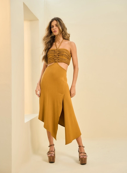 Vestido Midi Frente Única Com Drapeado E Recortes
