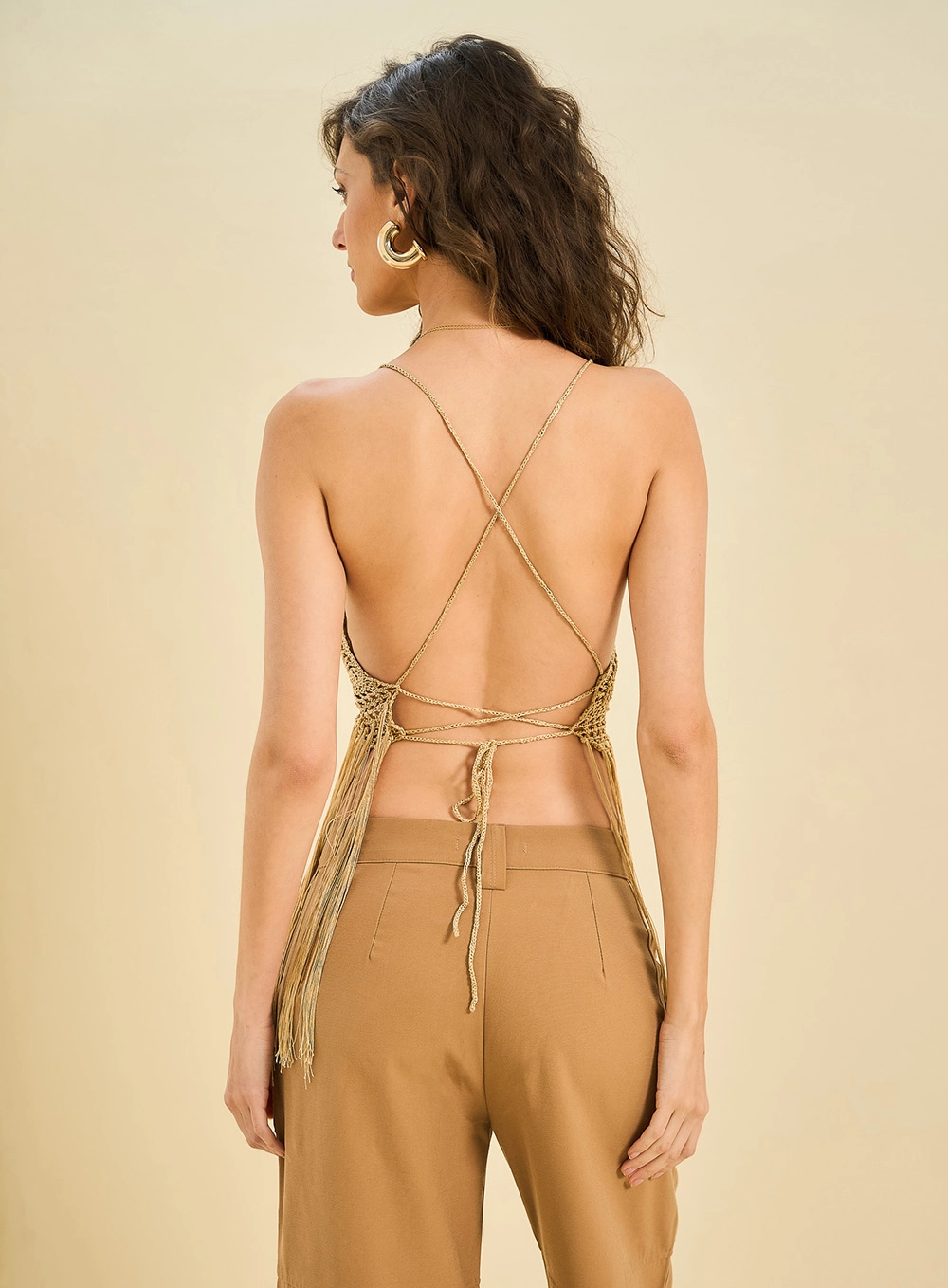 Top Comfort Com Franjas Tipo Crochê Marrom 3