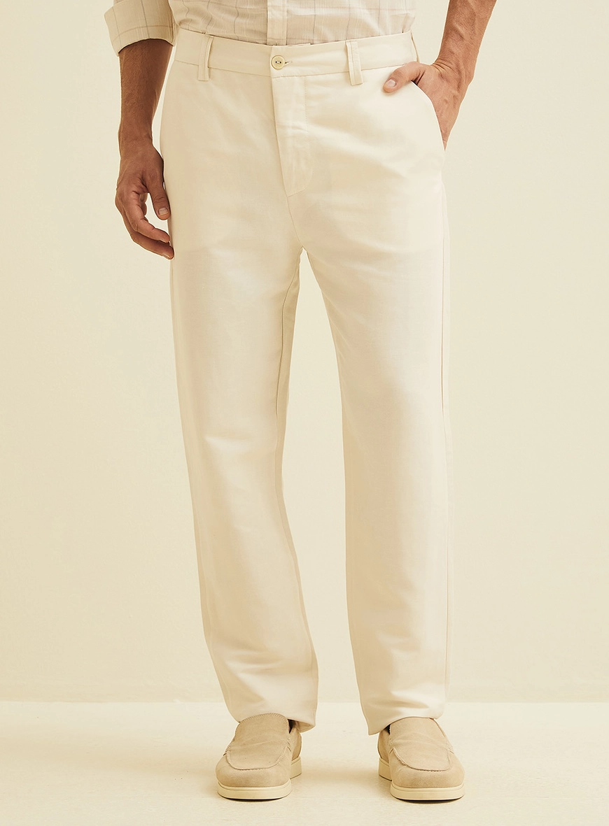 Calça Reta Masculina Em Linho Bege