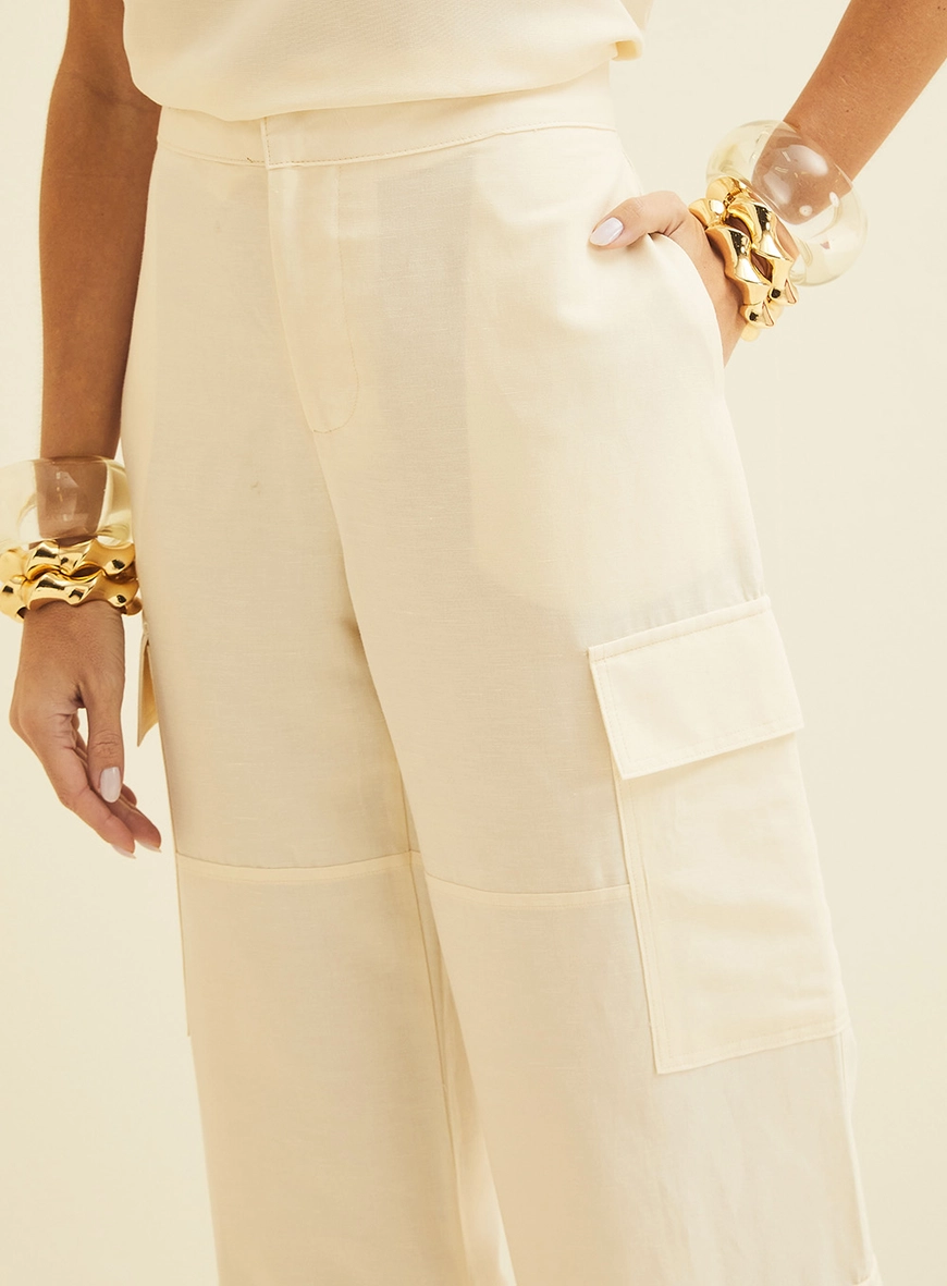 Calça Wide Leg Cargo Bege