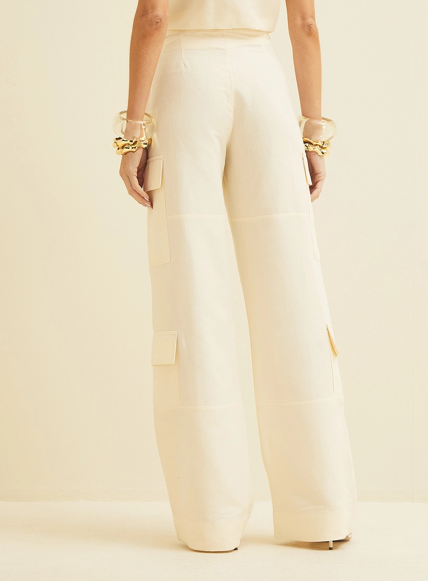 Calça Wide Leg Cargo Bege