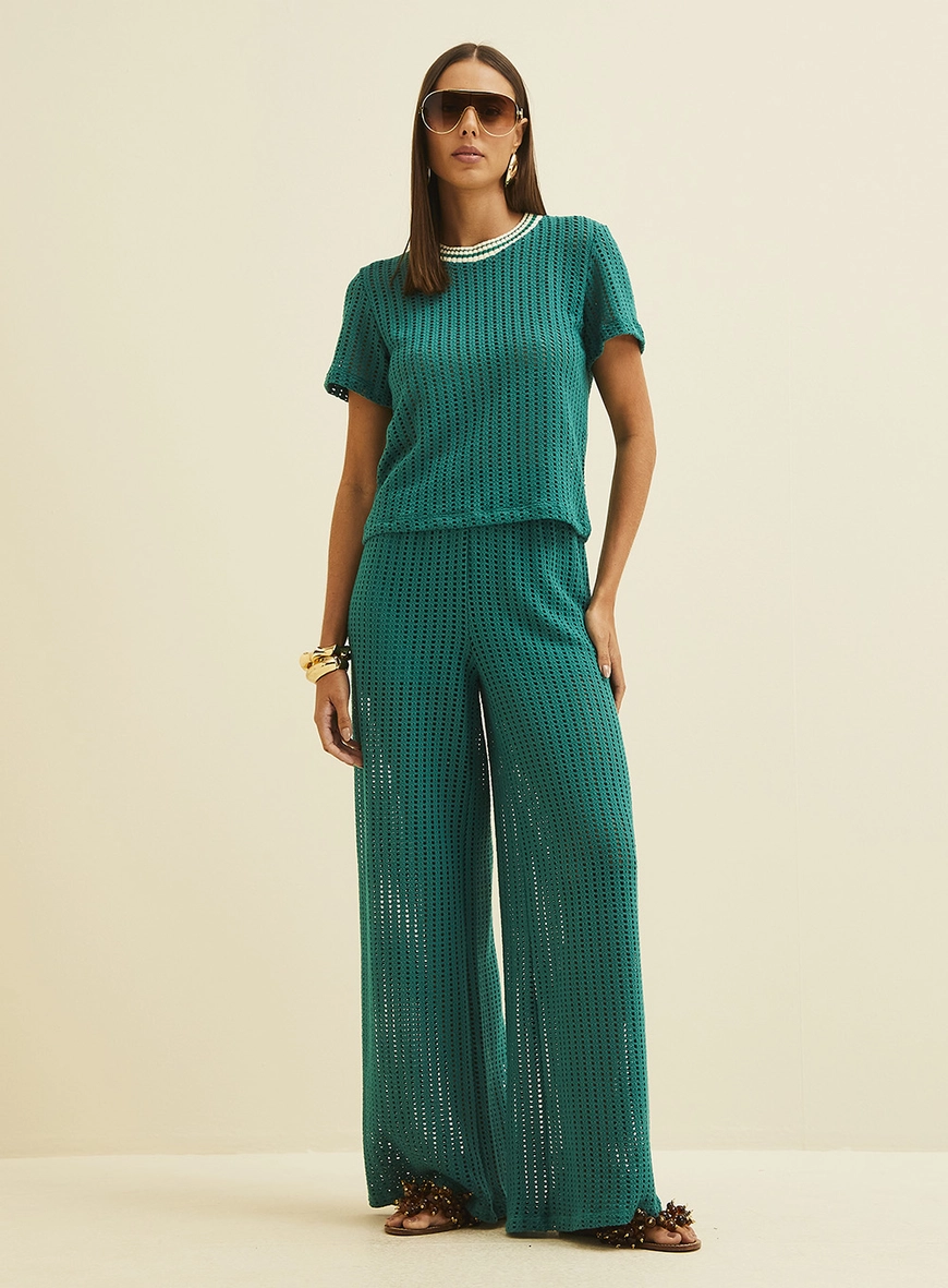 Calça Ampla Em Tricô Com Cós Elástico Verde
