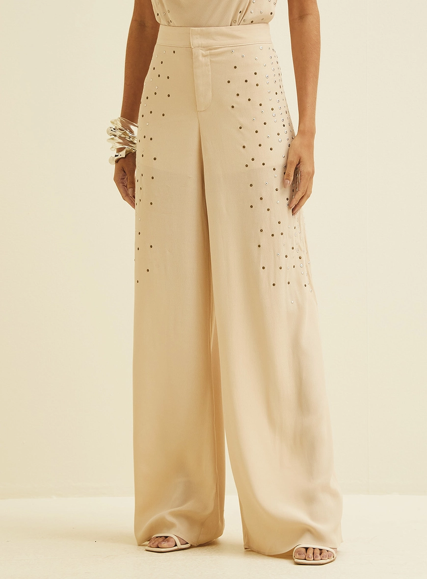 Calça Pantalona Com Aplicação Bege