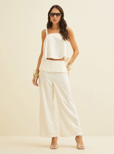 Calça Ampla Cropped Em Linho