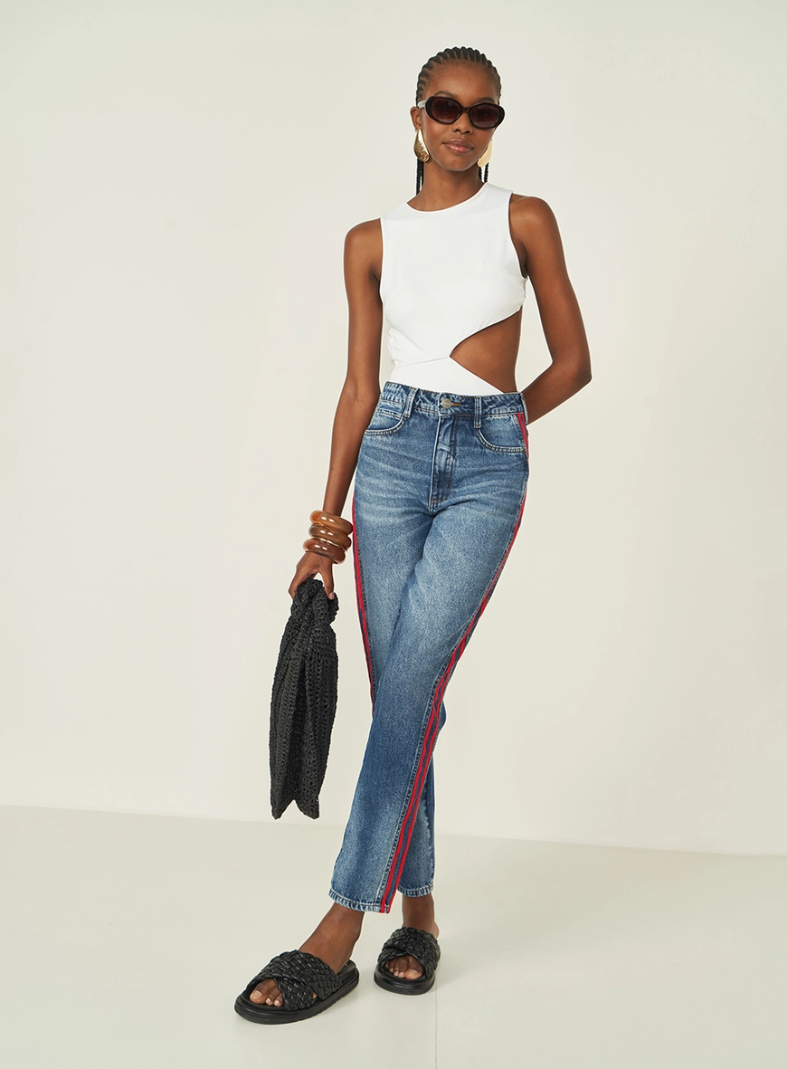 Calça Jeans Reta Com Listra Lateral