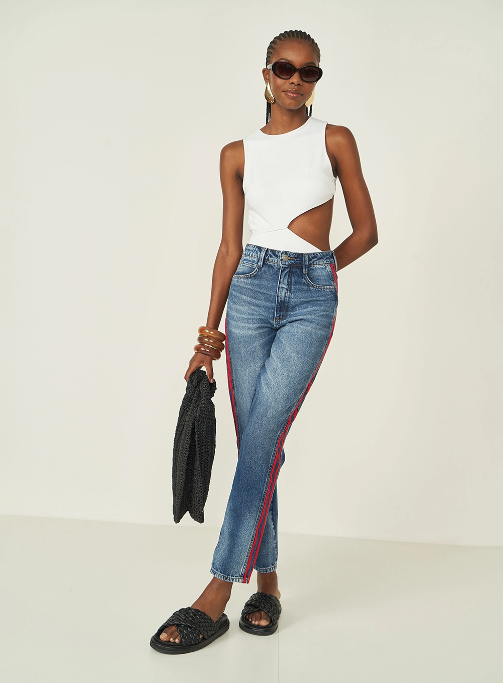 Calça Jeans Reta Com Listra Lateral Índigo