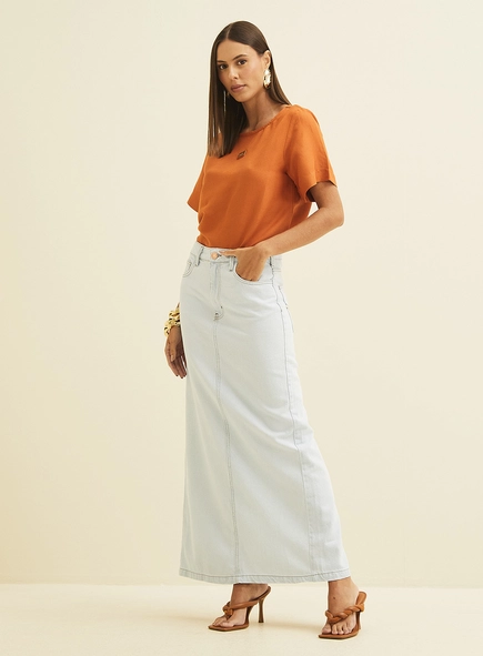 Saia Jeans Longa Reta Com Fenda