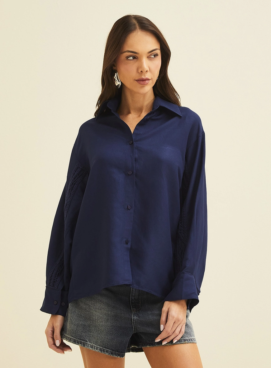 Camisa Ampla Em Linho Azul