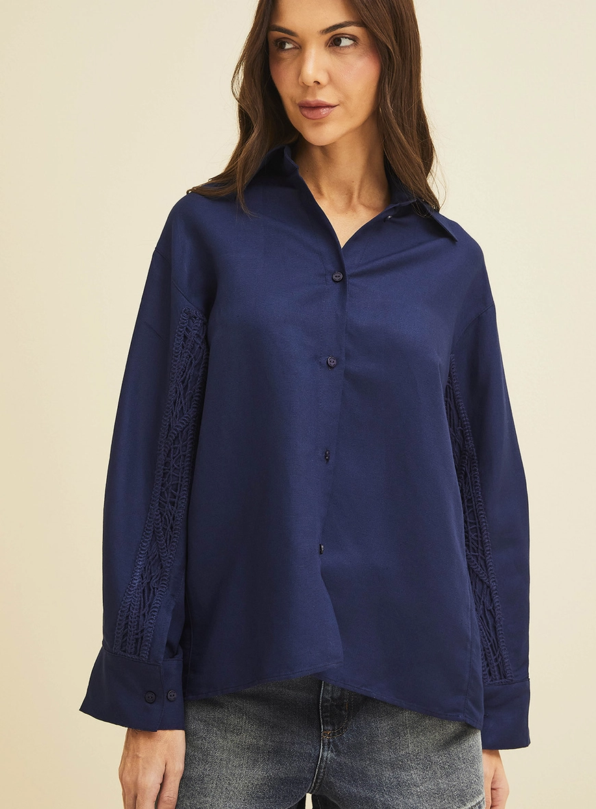 Camisa Ampla Em Linho Azul