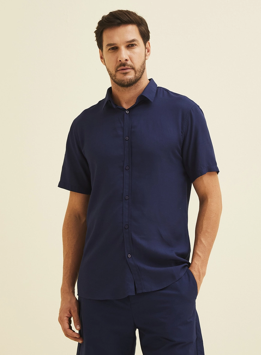 Camisa Masculina Basic Slim Fit Azul