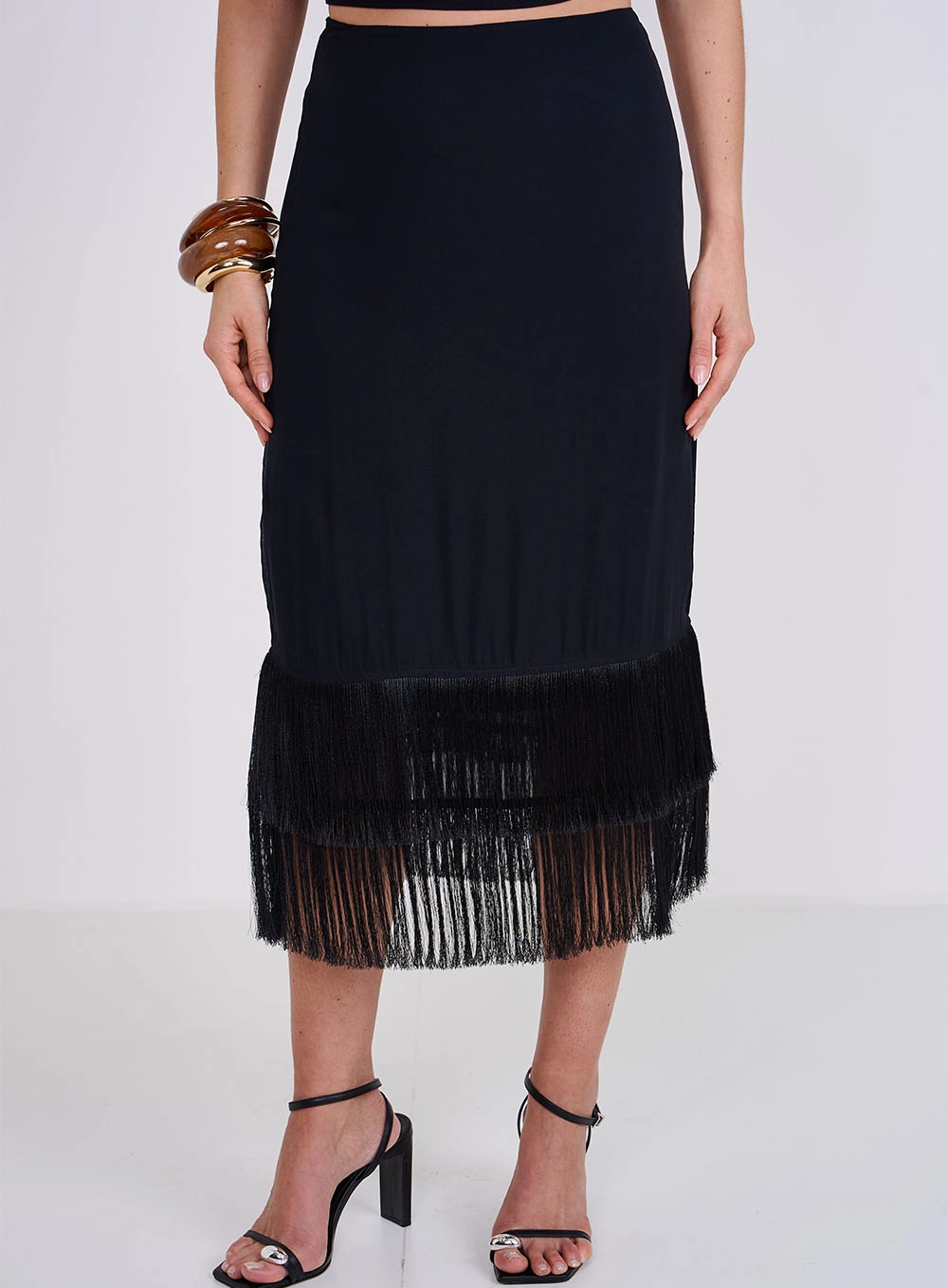 Saia Midi Joana Com Franjas Preto