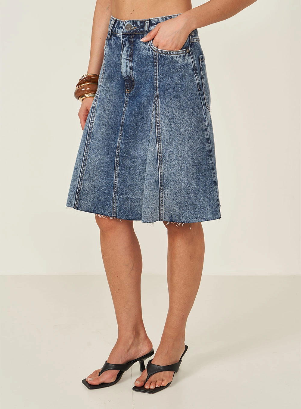 Saia Jeans Média Com Barra À Fio Índigo