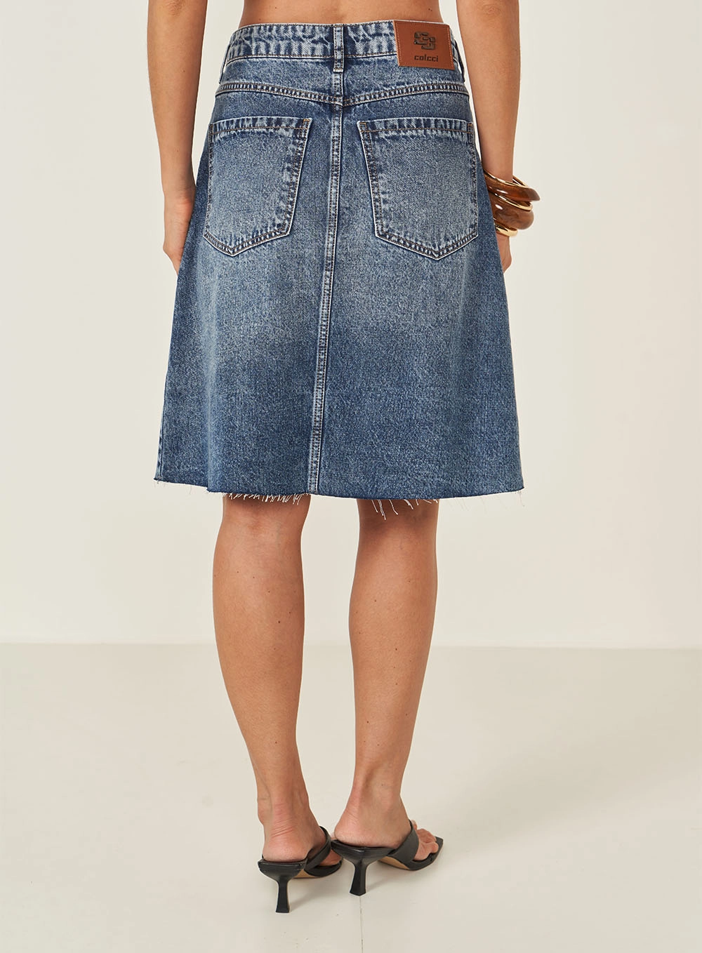 Saia Jeans Média Com Barra À Fio Índigo