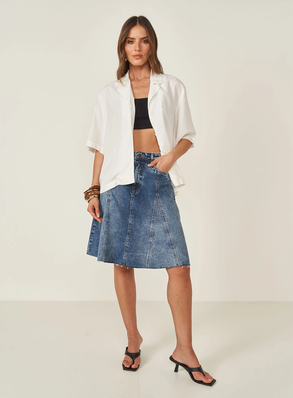 Saia Jeans Média Com Barra À Fio Índigo