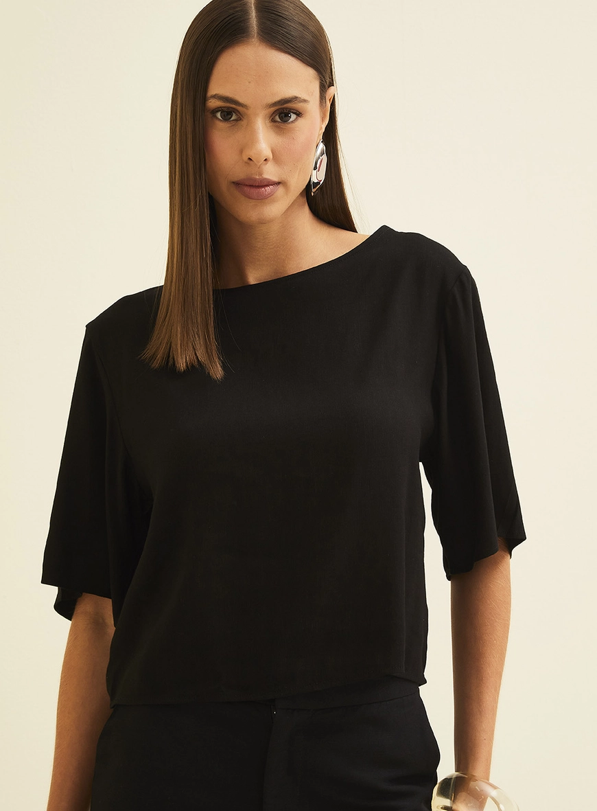 Blusa Basic Solta Em Linho Preto