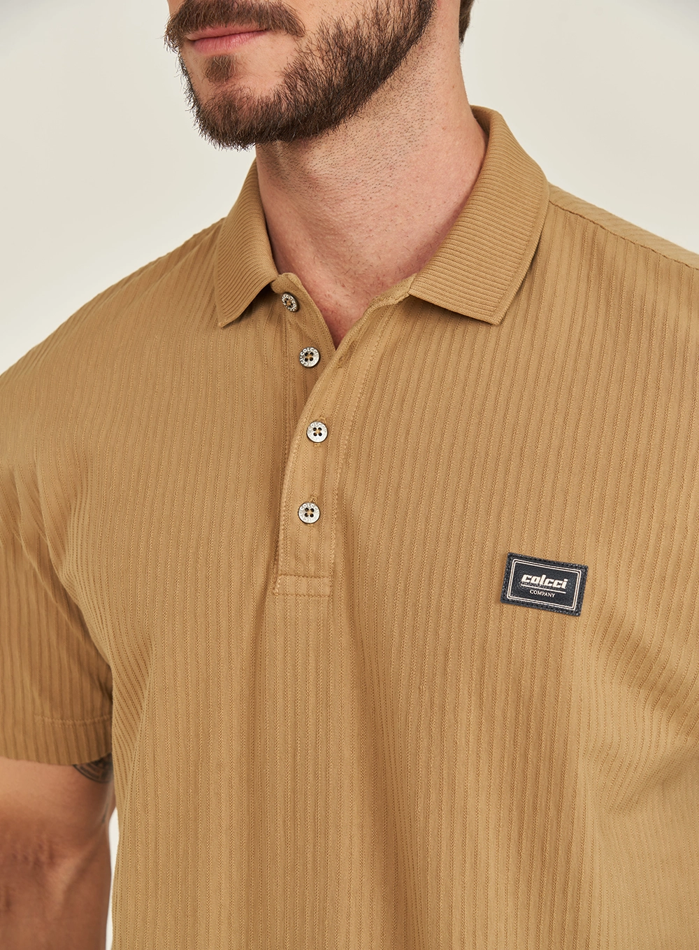 Polo Masculina Texturizada Bege