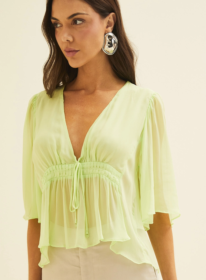 Blusa Ampla Acinturada Com Amarração Verde