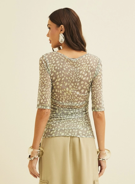 Blusa Tule Estampada Com Franzidos