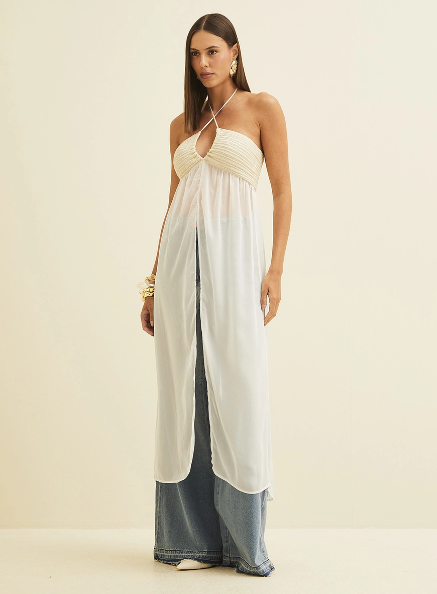 Blusa Longa Com Franzido E Transpasse Off Shell