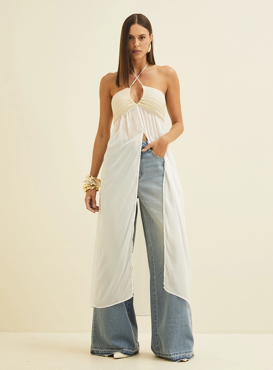 Blusa Longa Com Franzido E Transpasse Off Shell